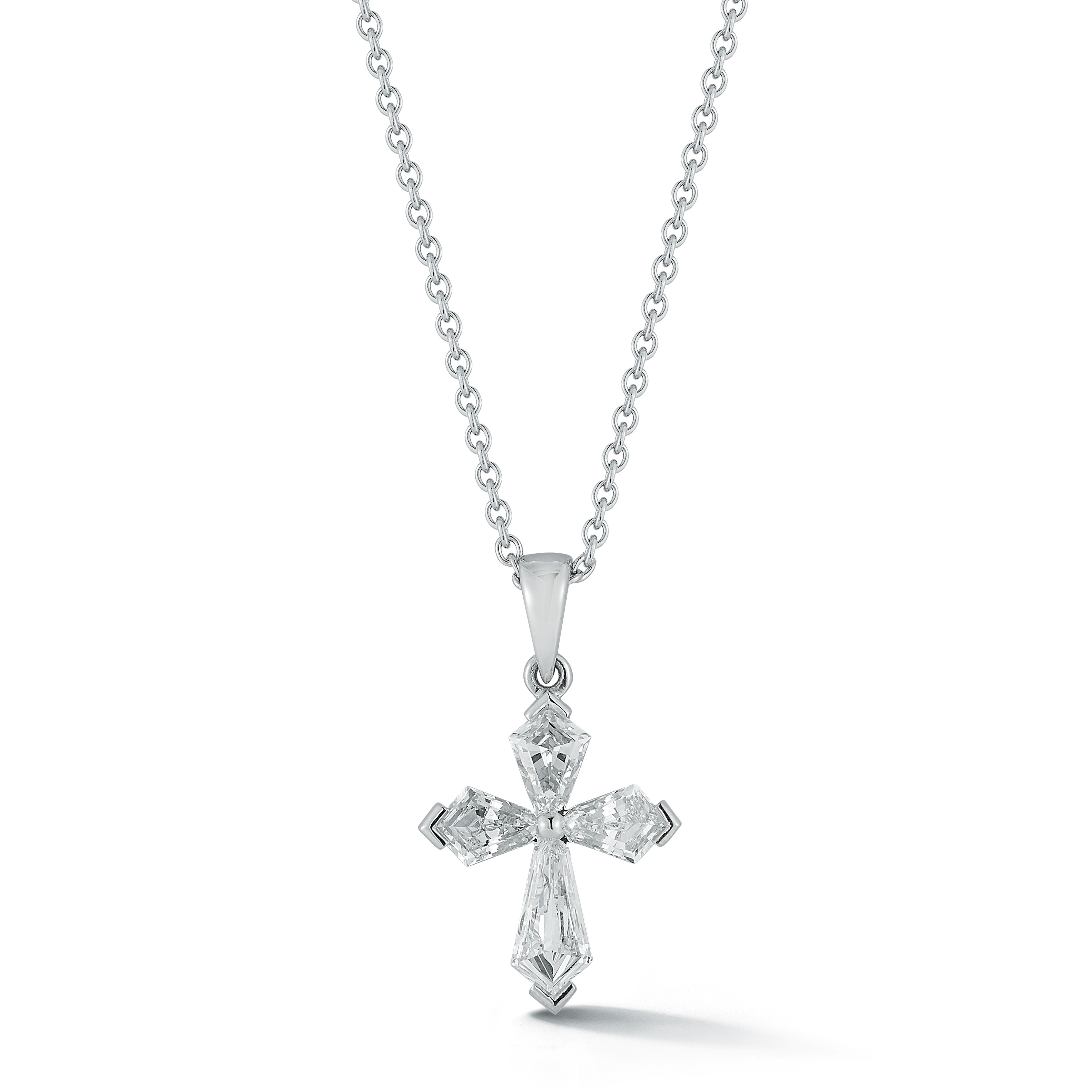 18k White Gold Sheild Cut Diamond Cross Necklace
