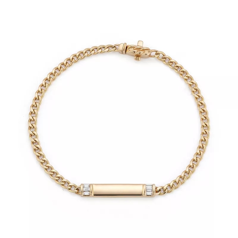 14k Yellow Gold Sadie Baguette Diamond Id Bar Cuabn Link Bracelet