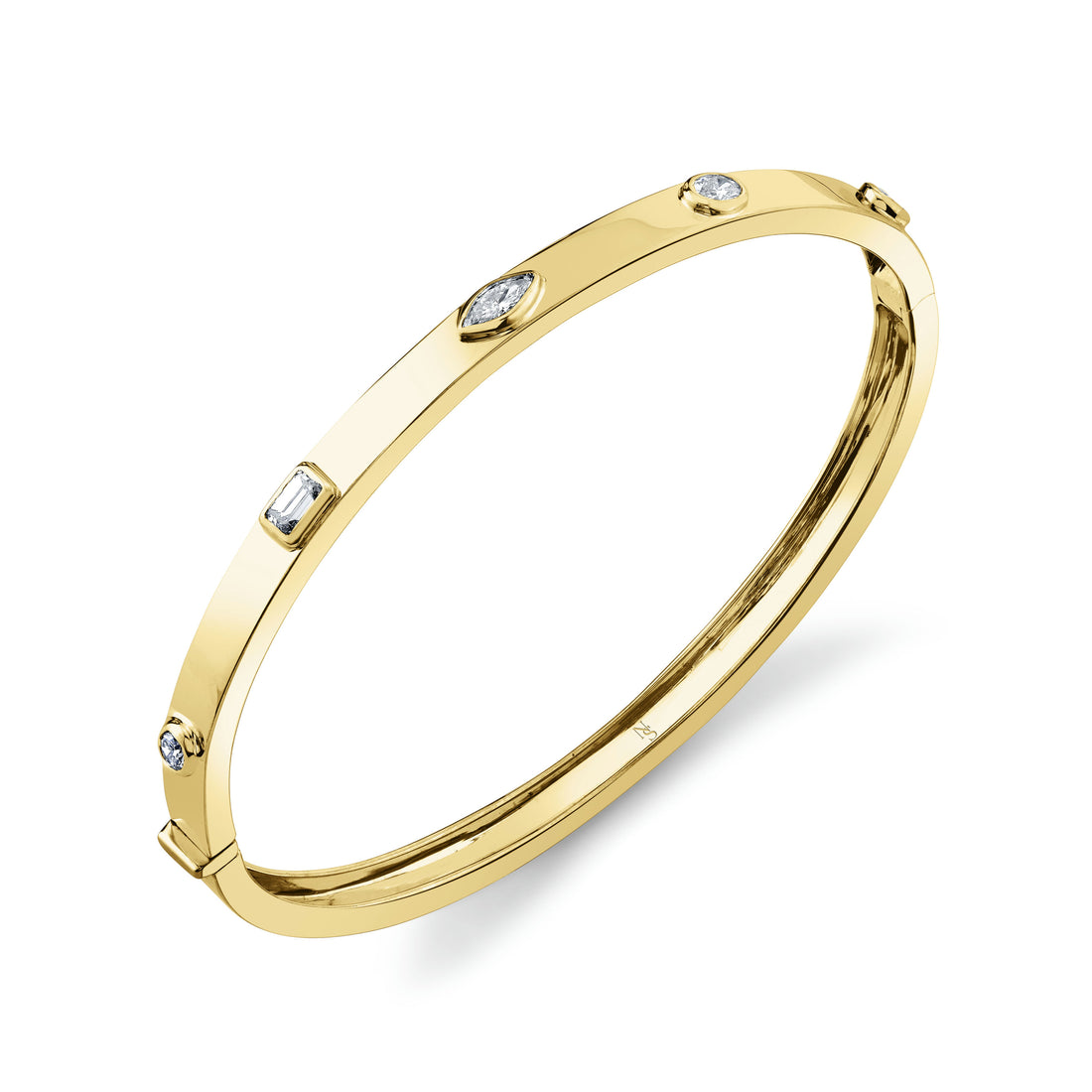 18k Yellow Gold With 0.63ctw Mixed Cut Diamonds, Bangle Bracelet With Round, Emerald, Marquise, Oval And Pear Cut Diamonds By Norman Silverman