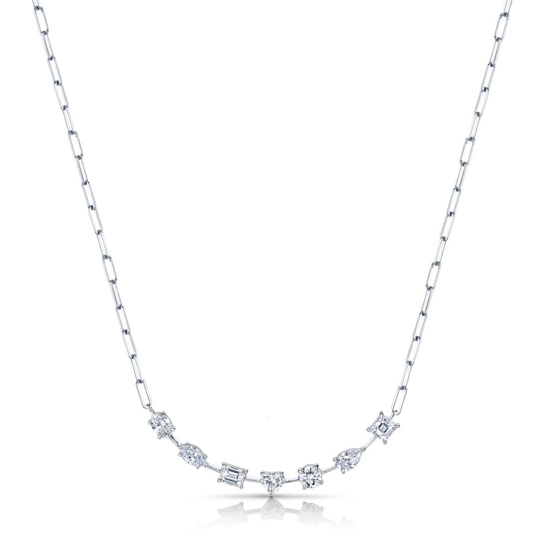 18k White Gold With 1.66ctw Mixed Cut Diamonds, Floating Station Necklace With Pear, Princess, Round, Heart, Marquise, Baguette And Oval Cut Diamonds By Norman Silverman