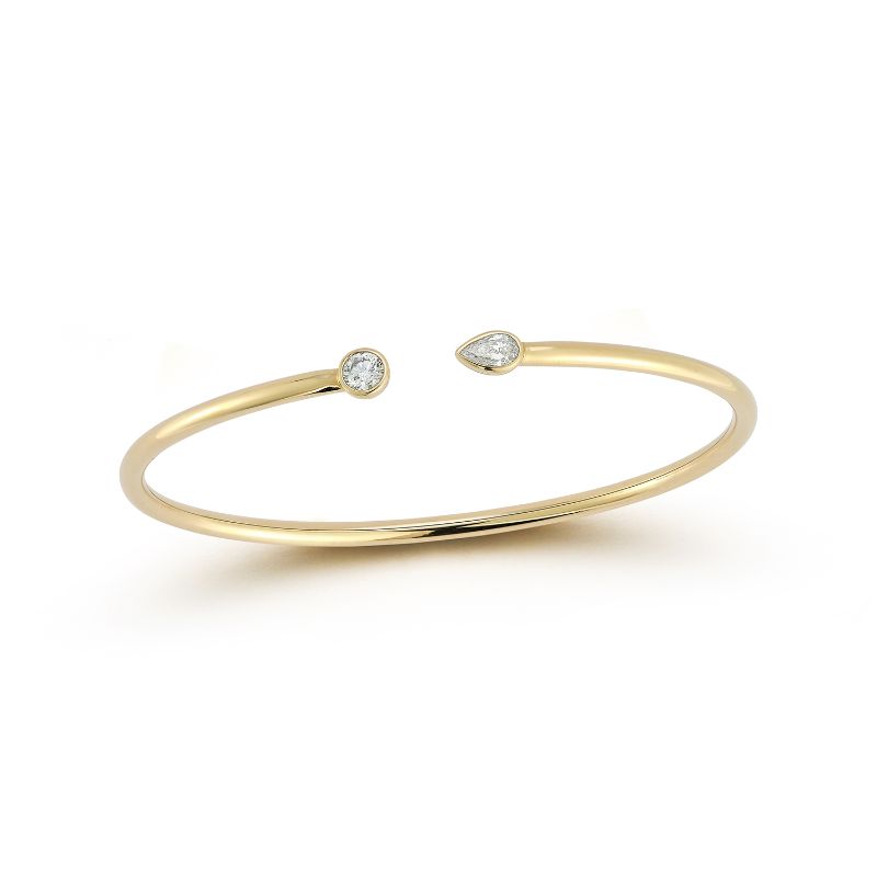 18k Yellow Gold Bezel Set Round And Pear Cut Diamond Flexible Open Bangle Bracelet