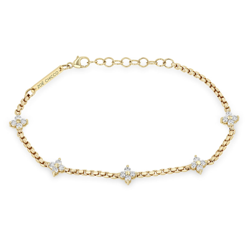 14k Yellow Gold Diamond 4 Stone Quad Staion Box Chian Bracelet