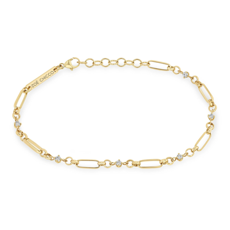 14k Yellow Gold Diamond Mixed Paperclip Rolo Bracelt Bracelet