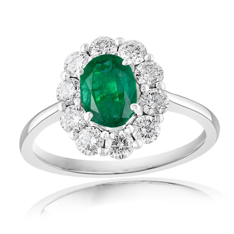 14k White Gold Emerald Diamond Halo Ring