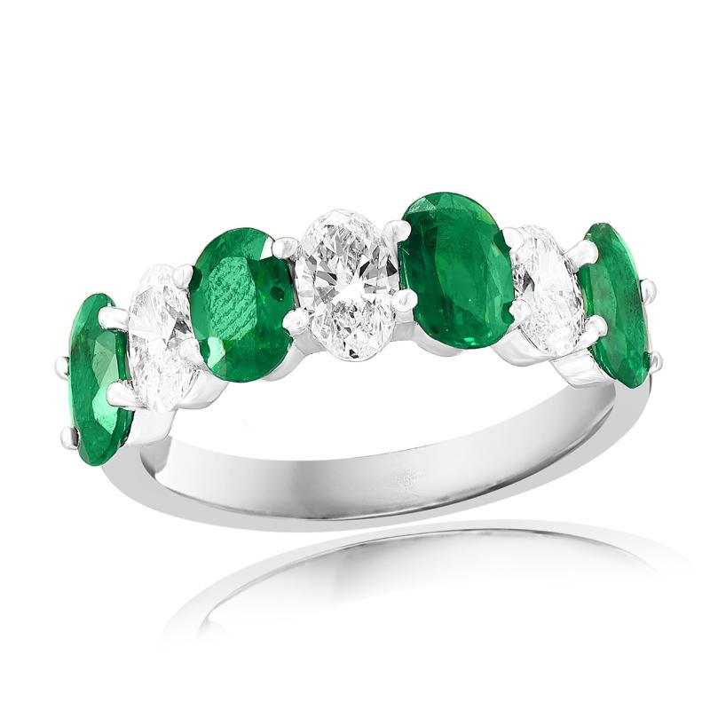 14k White Gold Emerald Diamond Oval Cut Alternating Ring