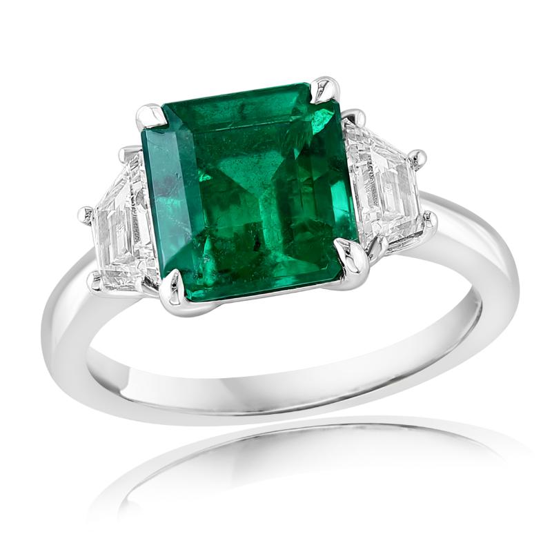 Platinum Emerald Diamond Three Stone Ring