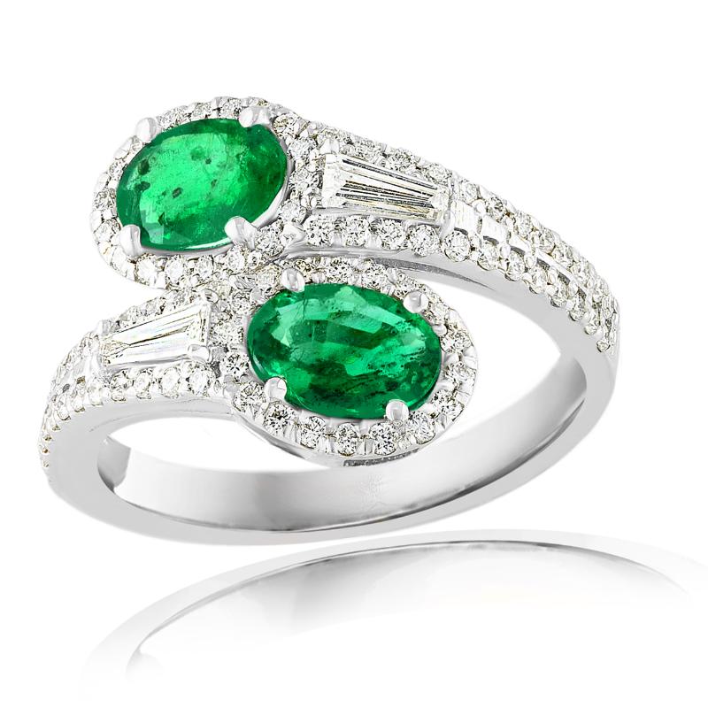 14k White Gold Emerald Diamond Bypass Cocktail Ring