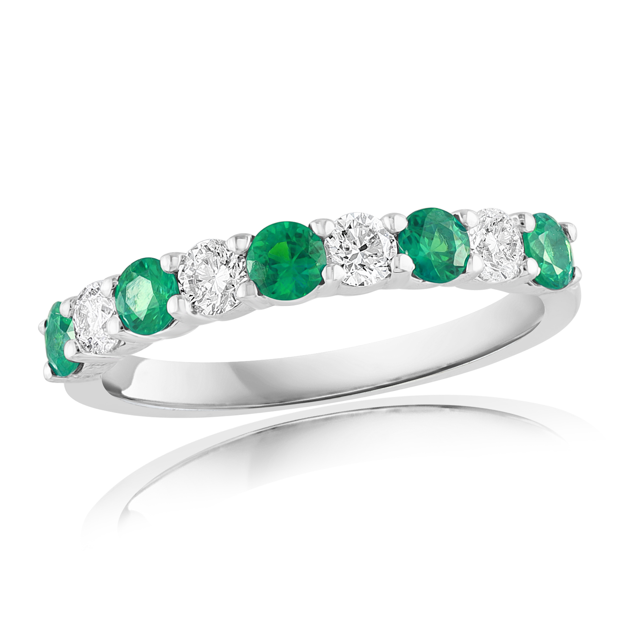 14k White Gold Emerald Diamond Alternating Ring