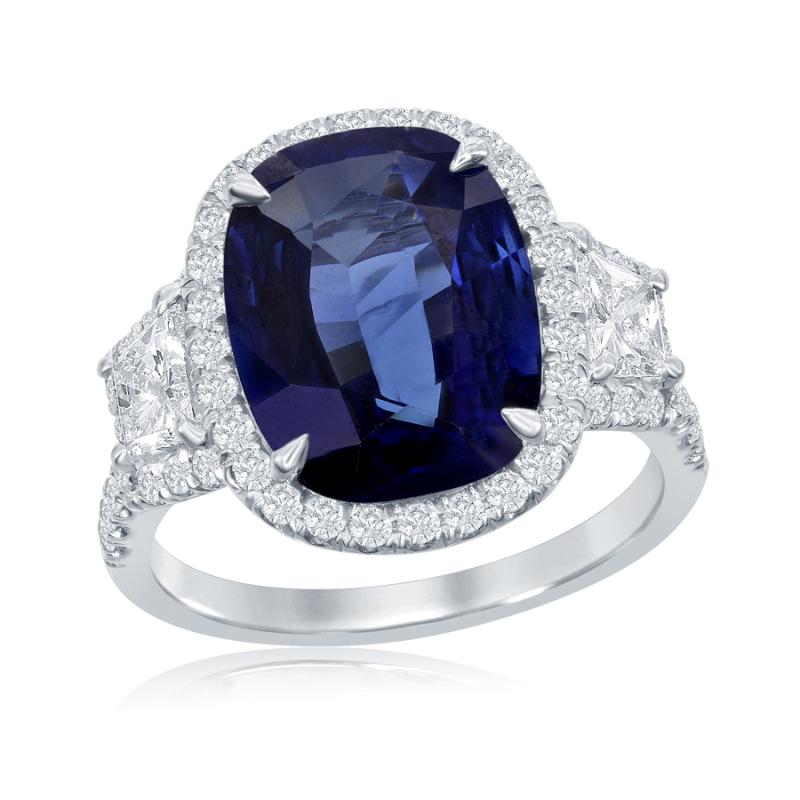 Platinum Sapphire Diamond Three Stone Halo Ring