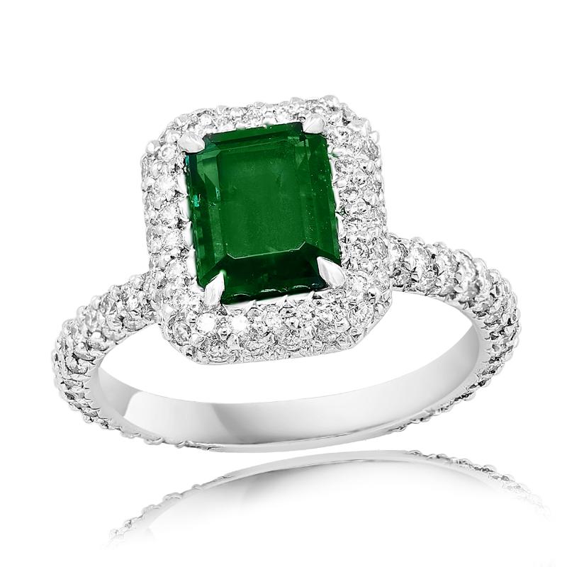 Platinum Emerald Diamond Double Halo Pave Ring