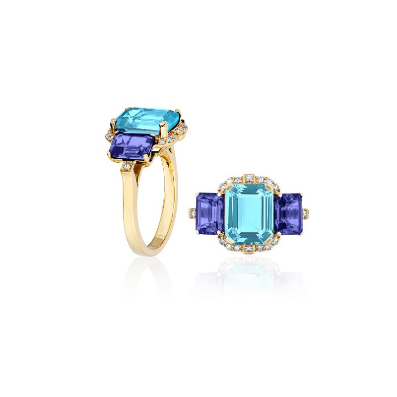 18k Yellow Gold Blue Topaz Tanzanite Diamond Gossip Three Stone Cocktail Ring
