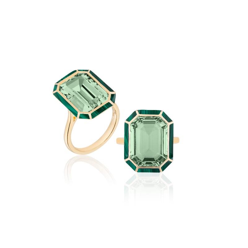 18k Yellow Gold Prasiolite Malachite Melange Emearld Cut Inlay Ring