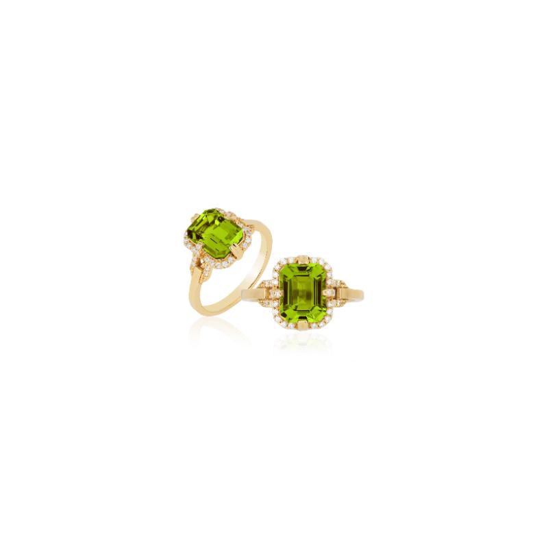 18k Yellow Gold Peridot Diamond Gossip Emerald Cut Ring