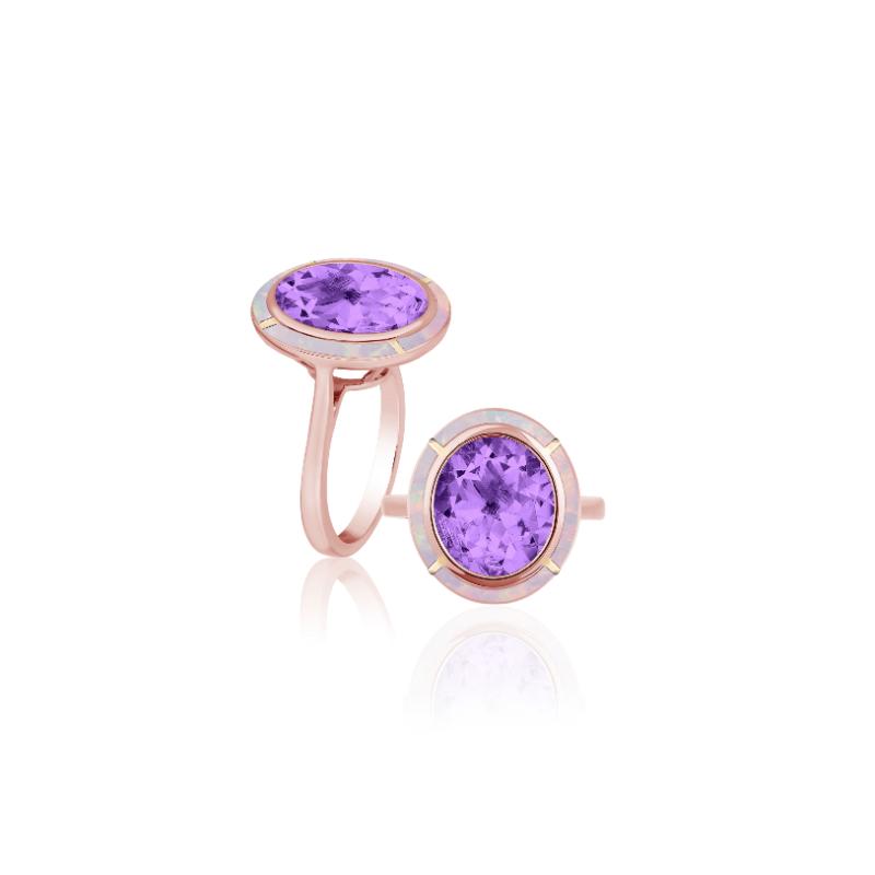 18k Rose Gold Amethyst Pink Opal Melange Oval Cut Liny Ring