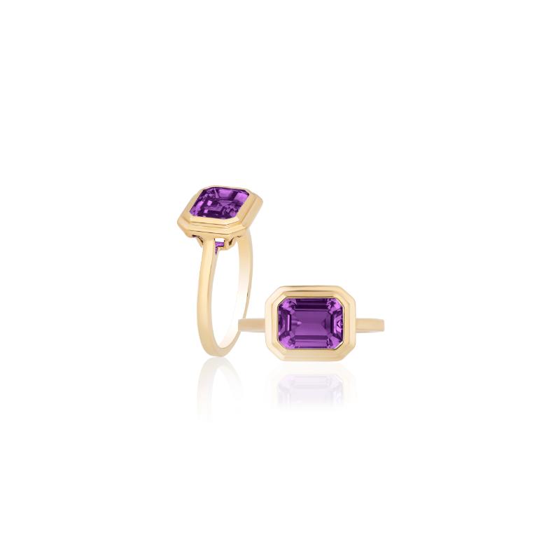 18k Yellow Gold Amethyst Manhattan Emerald Cut East To West Ring