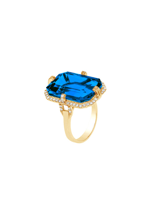 18k Yellow Gold With 9.96ctw Emerald Cut London Blue Topaz And 0.31ctw Diamonds, Gossip Colleciton Emerald Cut Ring By Goshwara