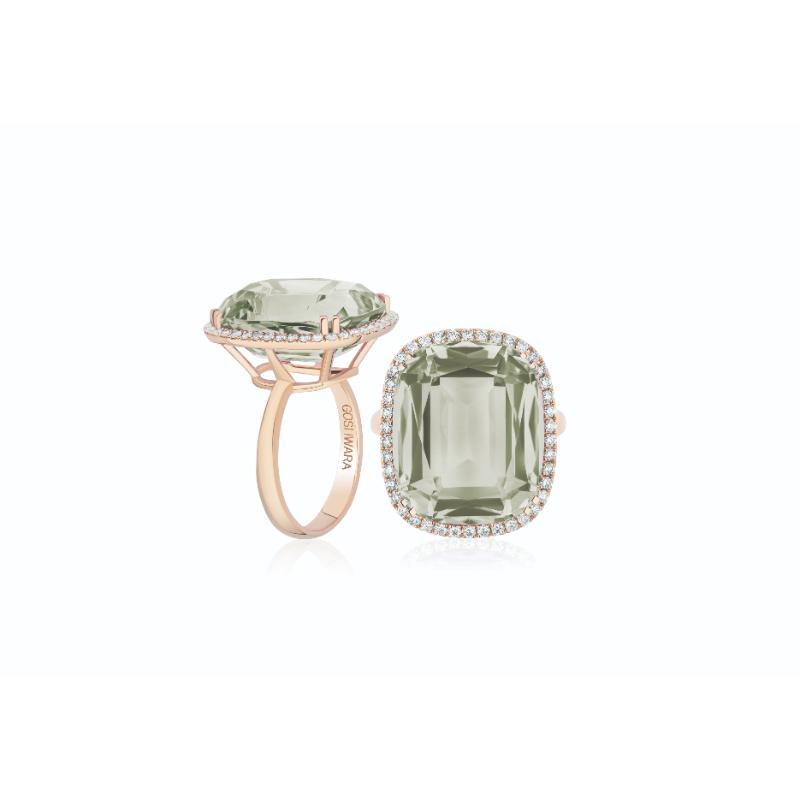 18k Yellow Gold Prasiolite Diamond Gossip Cushion Cut Cocktail Ring