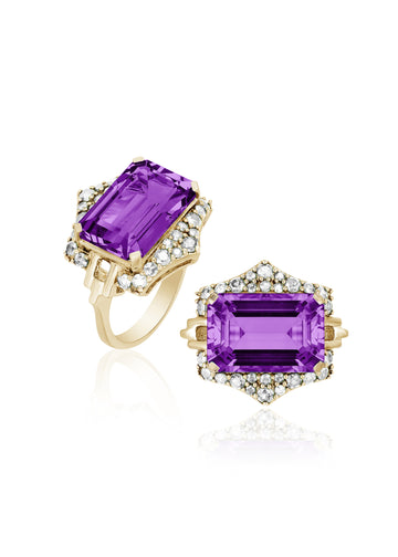 18k Yellow Gold Amethyst Diamond Emerald Cut Rainforest Ring