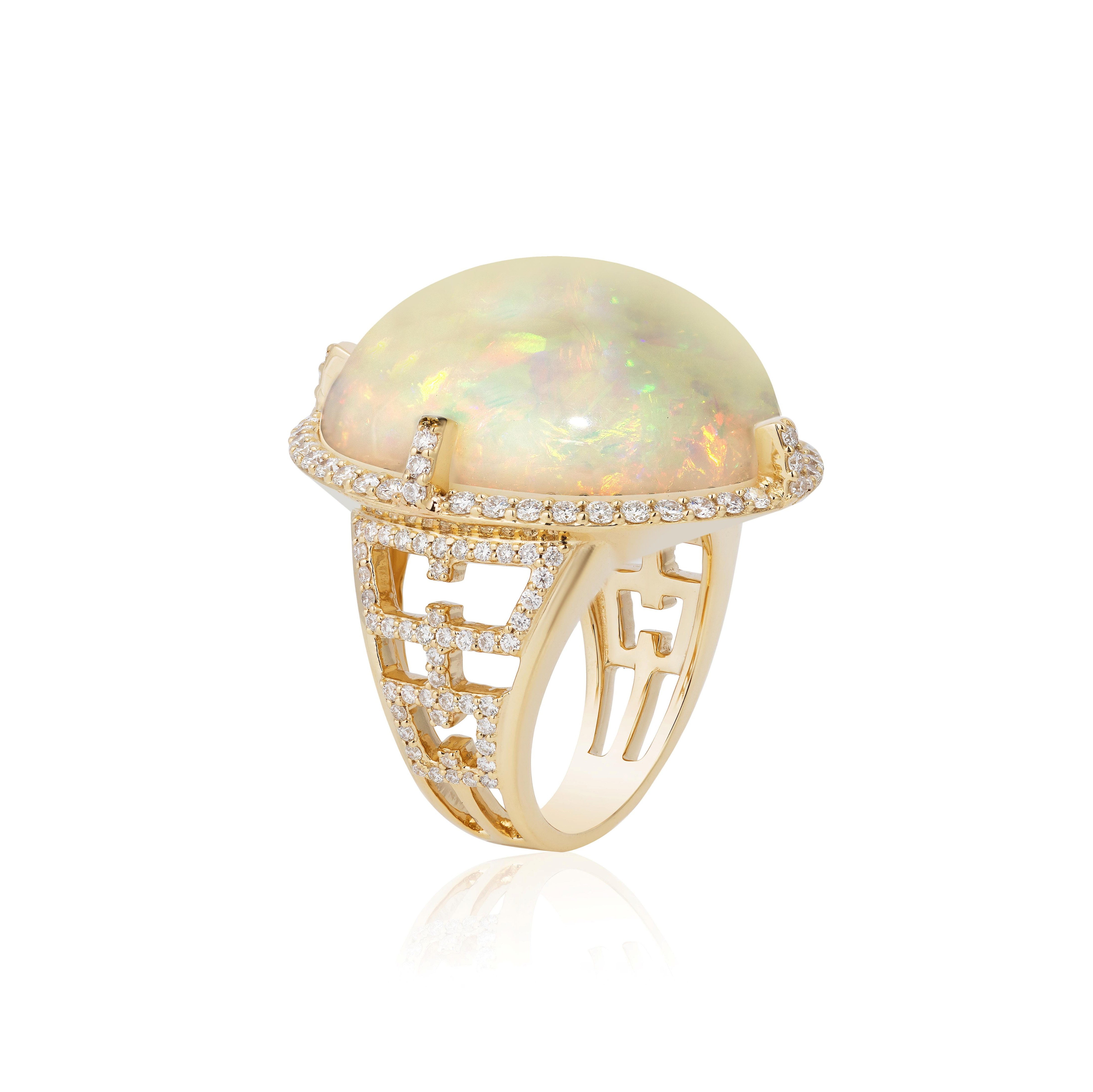 18k Yellow Gold Opal Diamond Dome Cabochon Ring