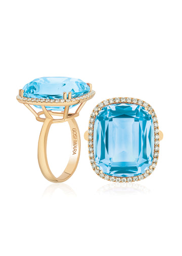18k Yellow Gold Blue Topaz Diamond Cushion Cut Cocktail Ring
