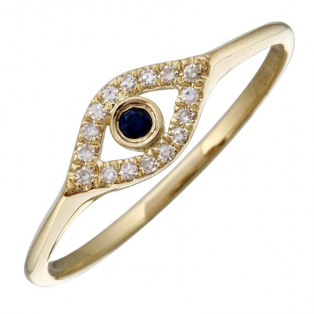 14k Yellow Gold Diamond Sapphire Evil Eye Ring