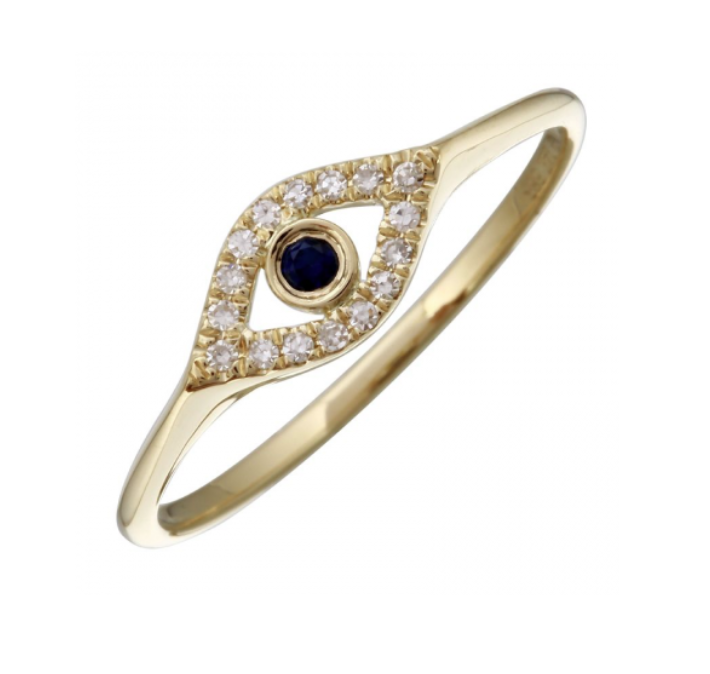 14k Yellow Gold Diamond Sapphire Evil Eye Ring