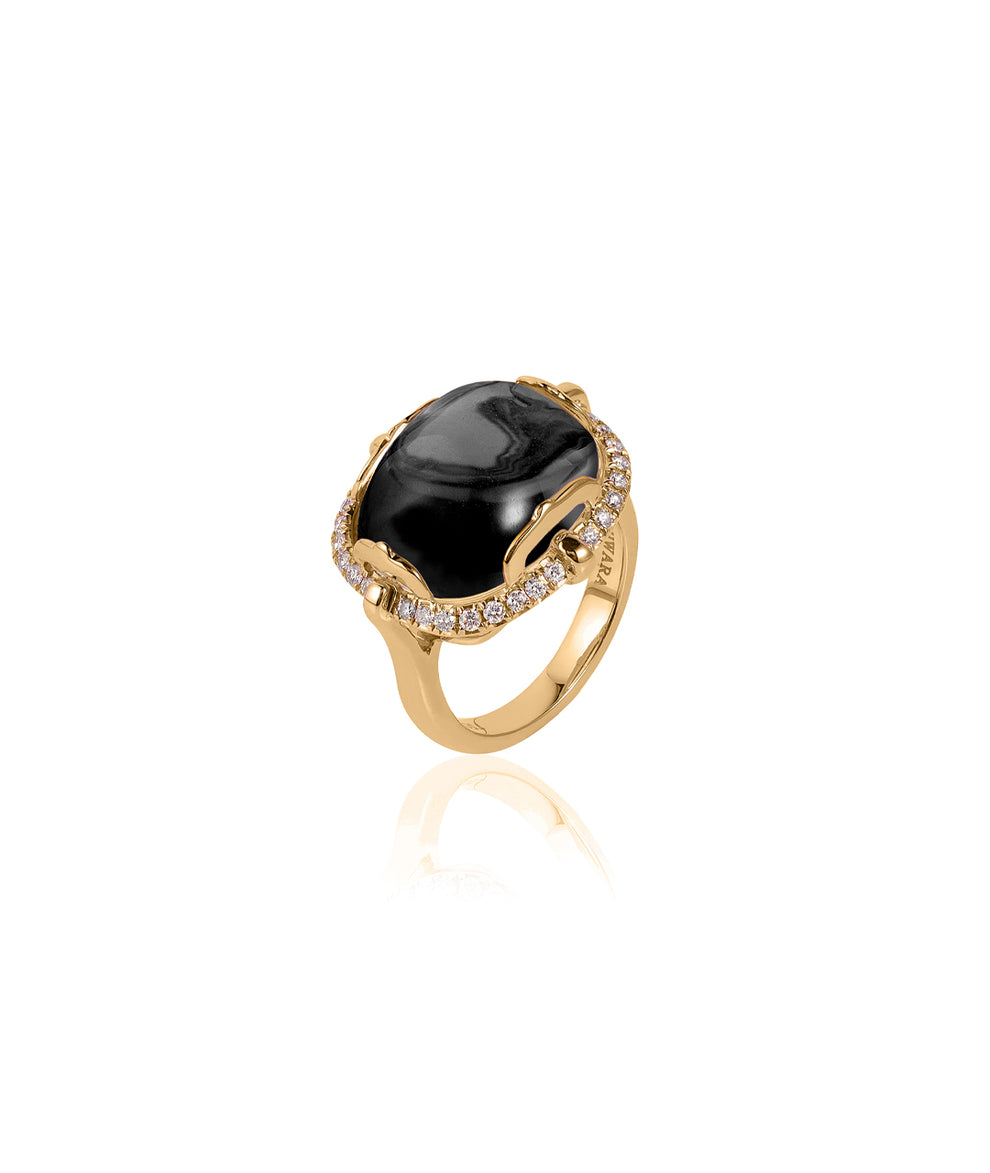 18k Yellow Gold Black Onyx Diamond Rock N Roll Ring