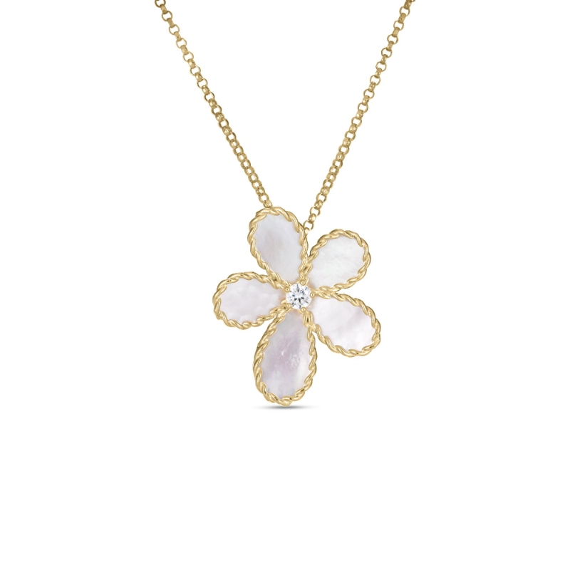 18k Yellow Gold Jasmine Mother Of Pearl Diamond Flower Necklace