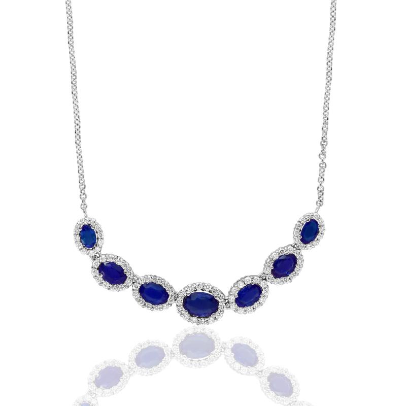 14k White Gold Sapphire Diamond Halo Station Necklace