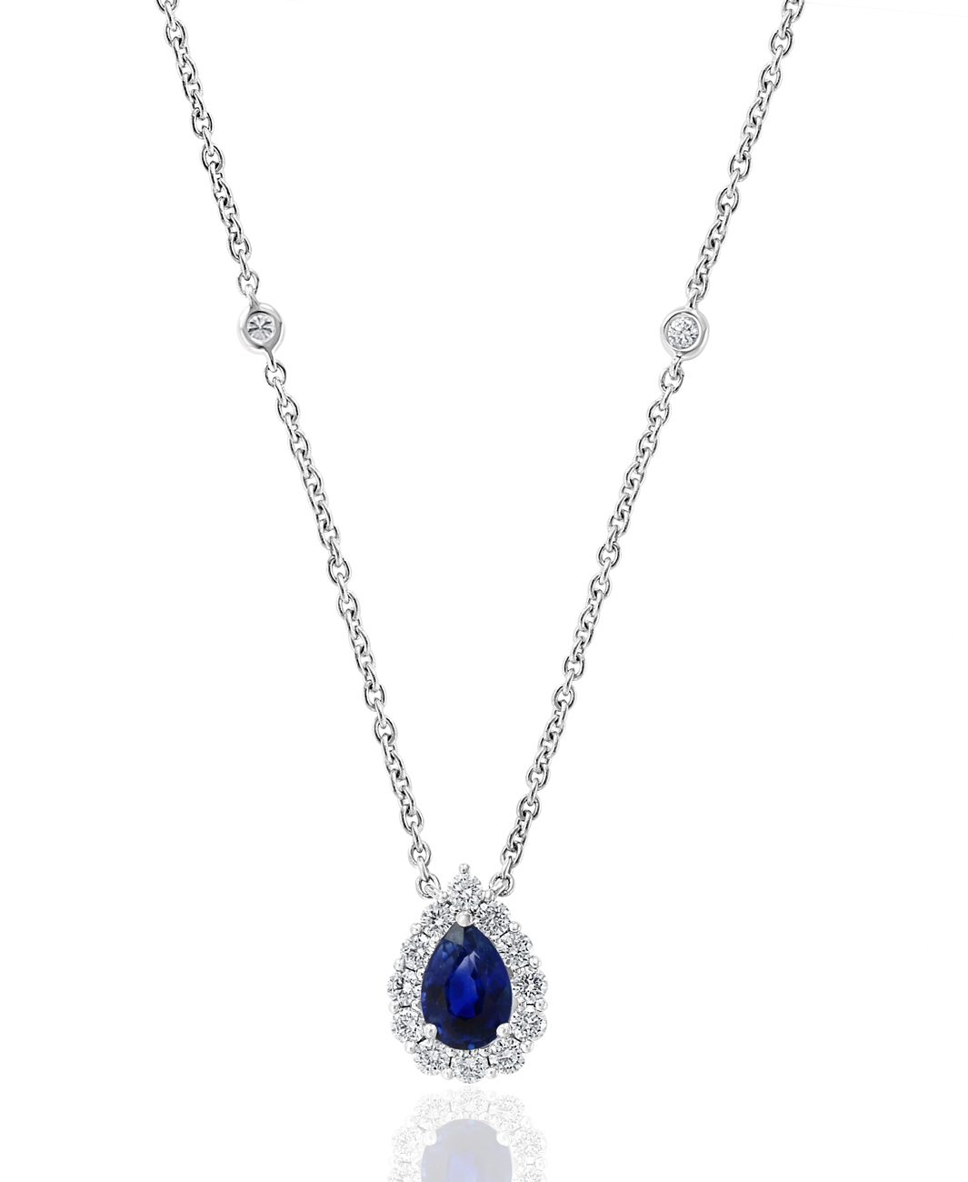 18k White Gold Sapphire Diamond Halo Pendant Necklace