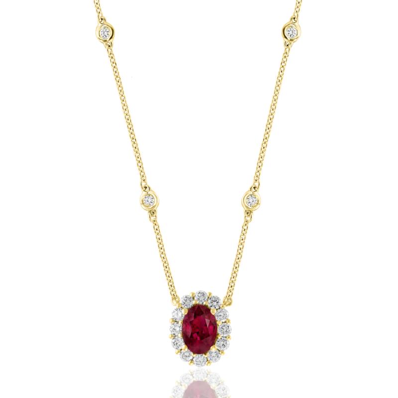 18k Yellow Gold Ruby Diamond Halo Pendant Necklace