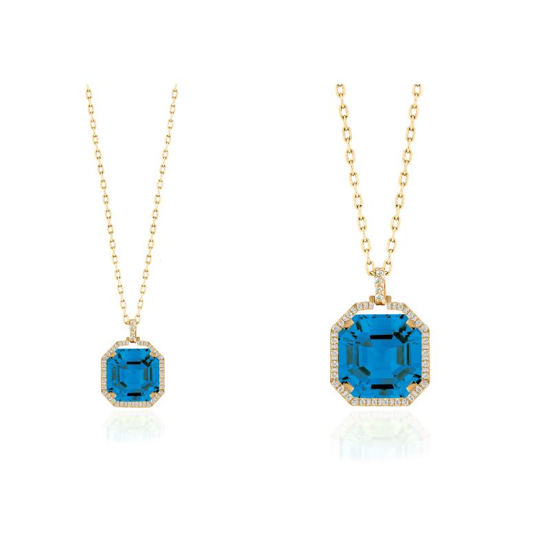 18k Yellow Gold Gossip Blue Topaz Diamond Halo Pendant Necklace