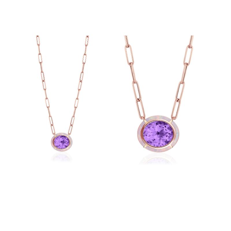 18k Rose Gold Melange Amethyst Pink Opal Oval Inay Pendant Necklace