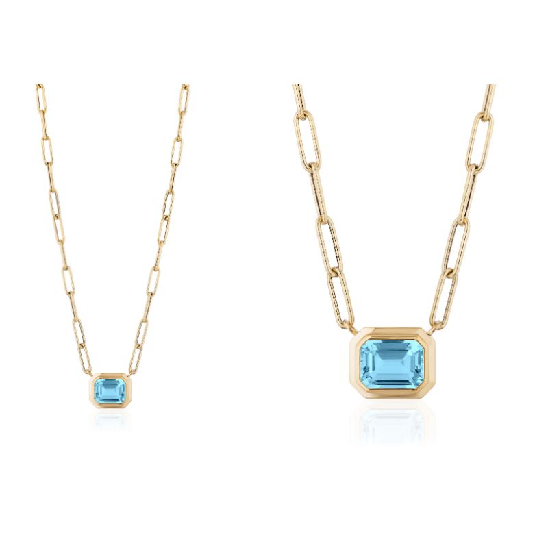 18k Yellow Gold Manhattan Blue Topaz Emerald Bezel Set Pendant Necklace