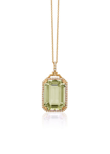18k Yellow Gold Prasiolite Diamond Emerald Cut Halo Necklace