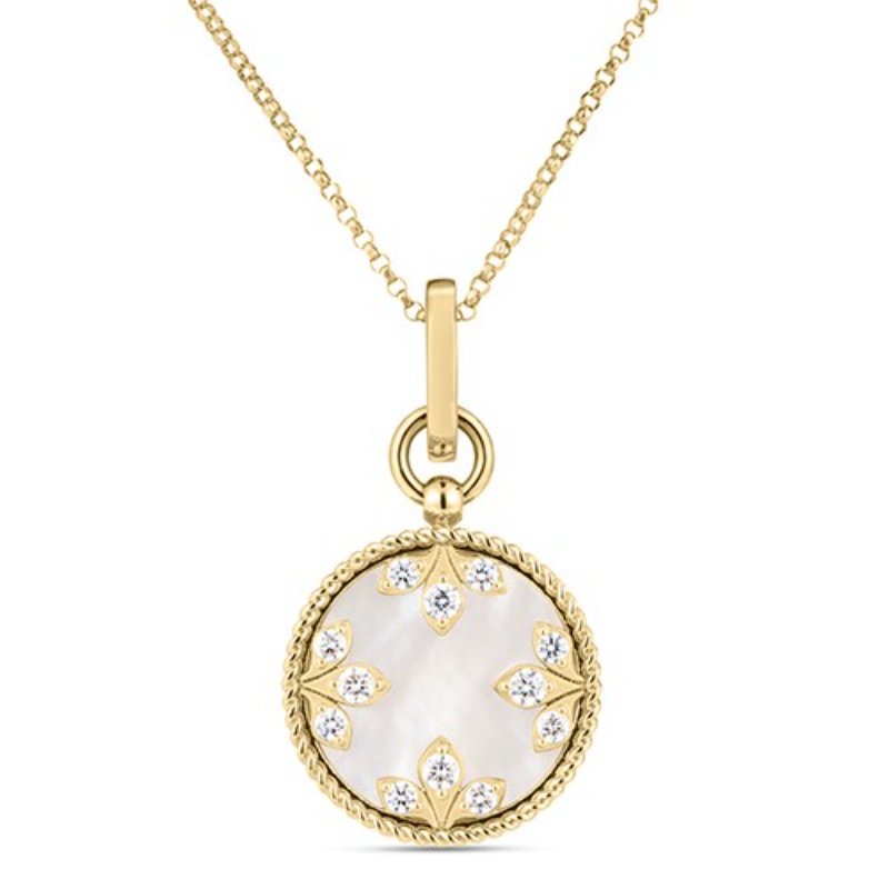 18k Yellow Gold Venetian Princess Mother Of Pearl Diamond Medallion Necklace