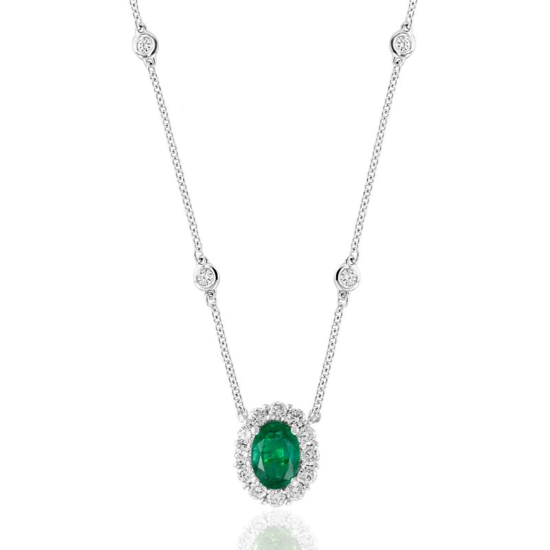 18k White Gold Emerald And Diamond Halo Pendant Necklace