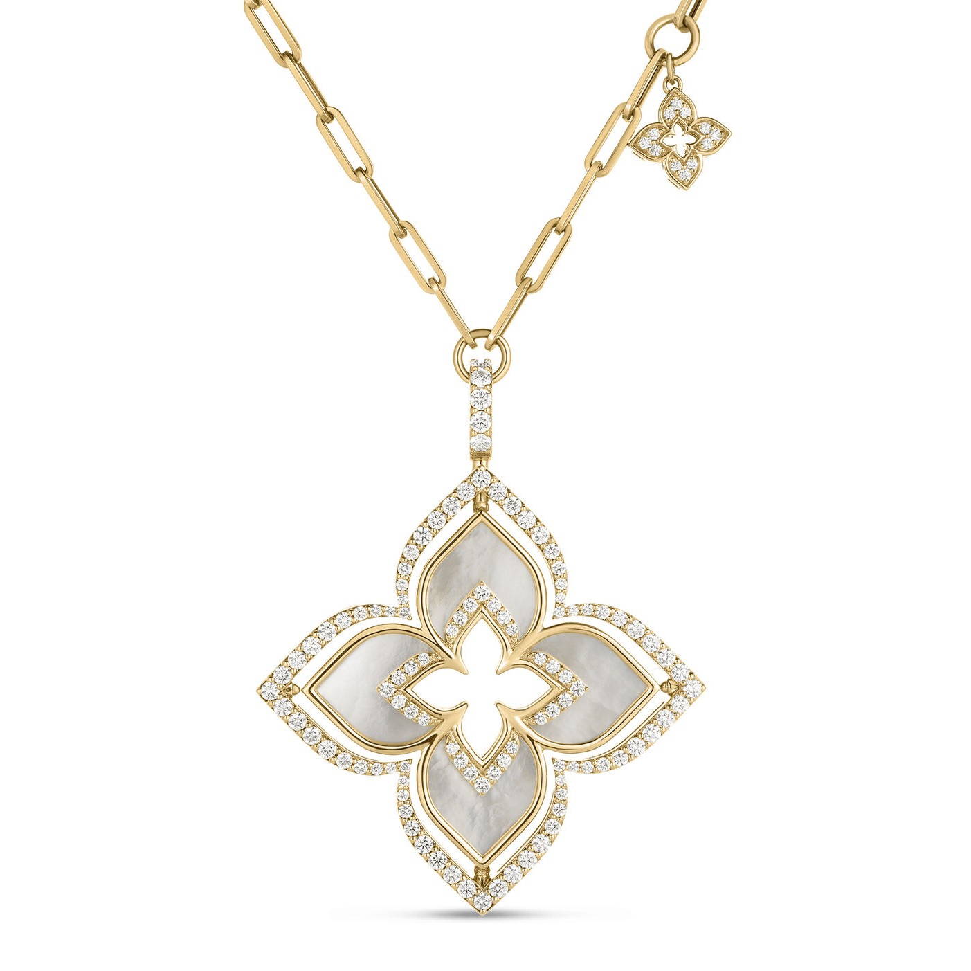 18k Yellow Gold Pirouette Mother Of Pearl Diamond Large Flower Necklace