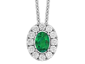 18k White Gold Emerald And Diamond Halo Necklace