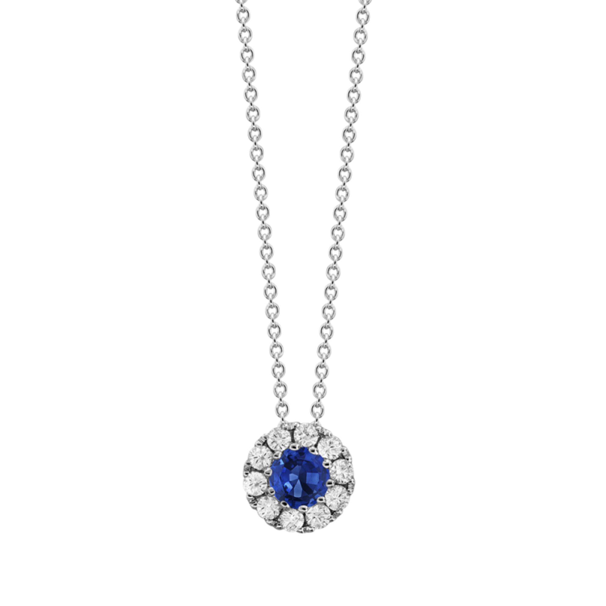 18k White Gold Sapphire And Diamond Halo Necklace