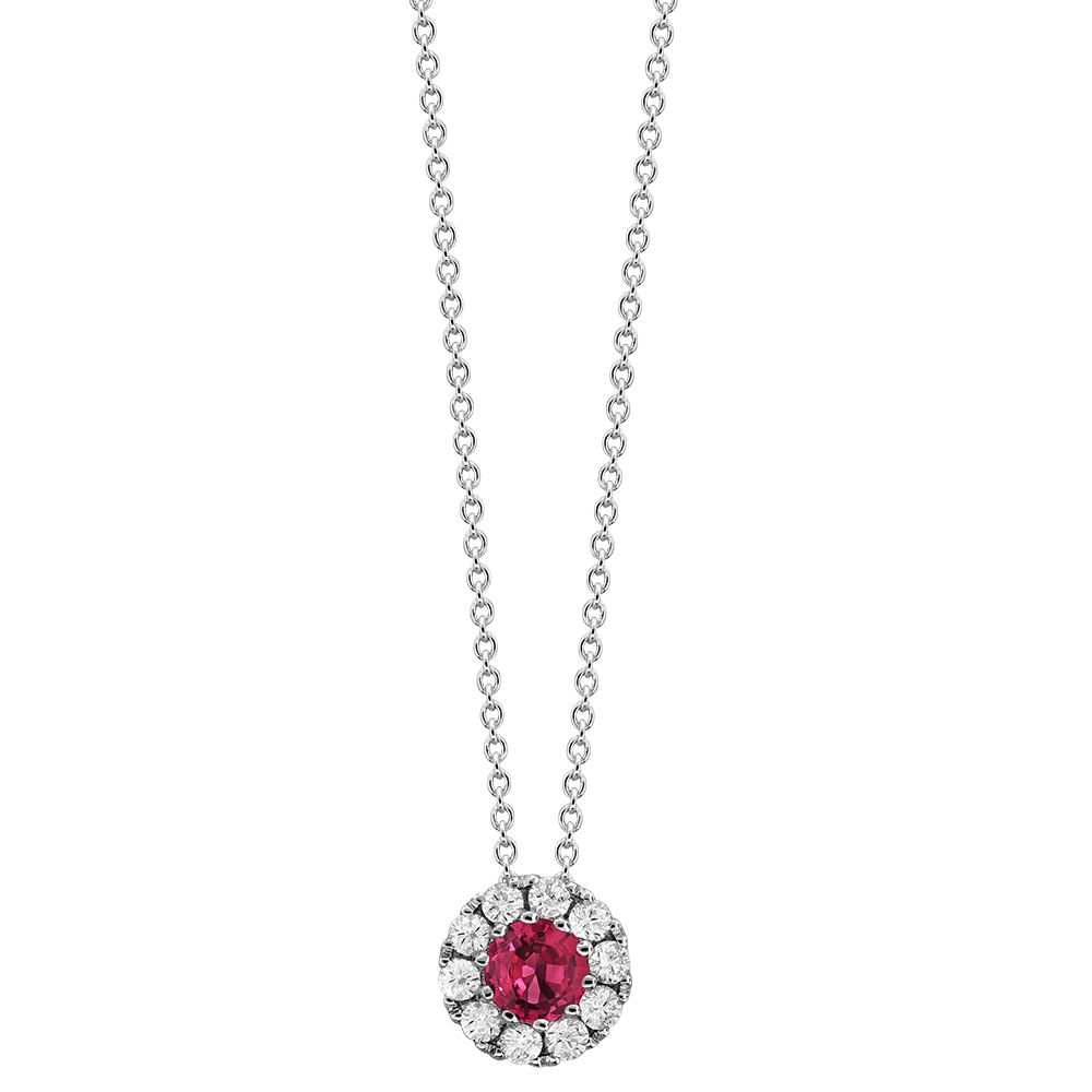 18k White Gold Ruby And Diamond Halo Necklace