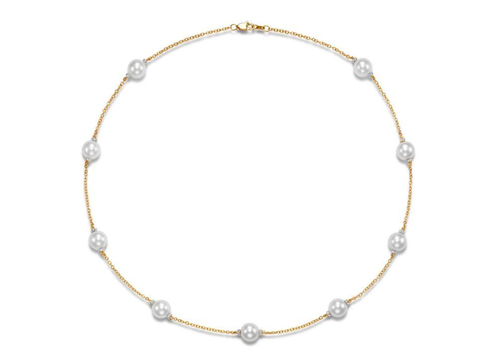 18k Yellow Gold With 0.33ctw Diamonds And 8.0-8.5mm Freshwater Pearls, Rondell Tin Cup Necklace 18 By Pd Collection