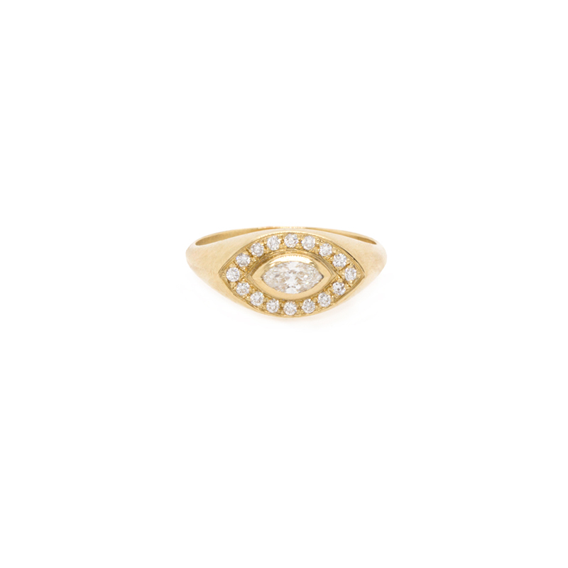 14k Yg .28ctw Marquise Diamond Halo Signet Ring Size 3.50  By Zoe Chicco