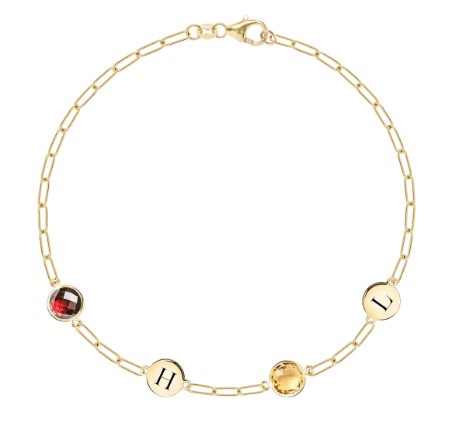 14k Yellow Gold Birthstone Citrine Bezel And Initials On A Paperclip Chain Bracelet
