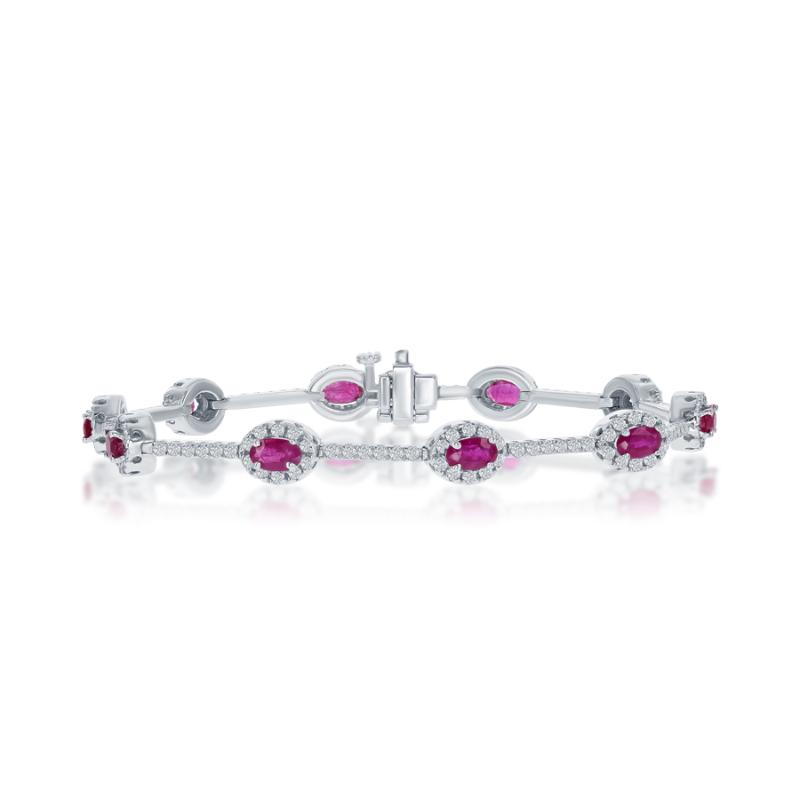 14k White Gold Ruby Diamond Halo Station Bracelet
