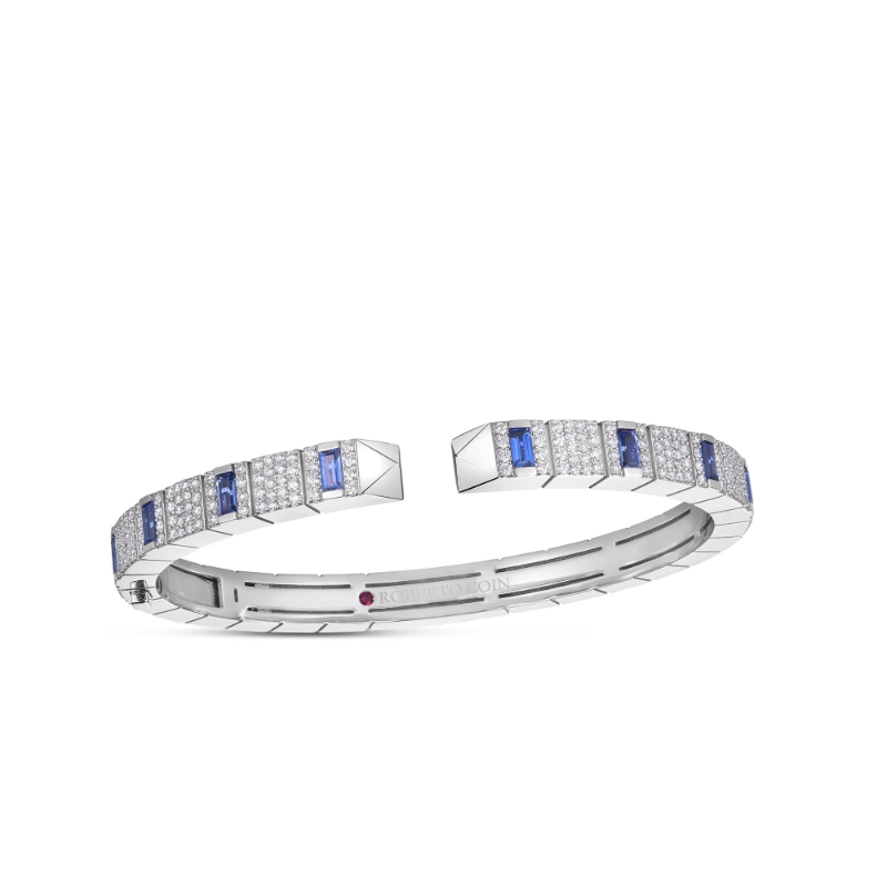 18k White Gold Obelisco Sapphire Diamond Pave Bangle Bracelet
