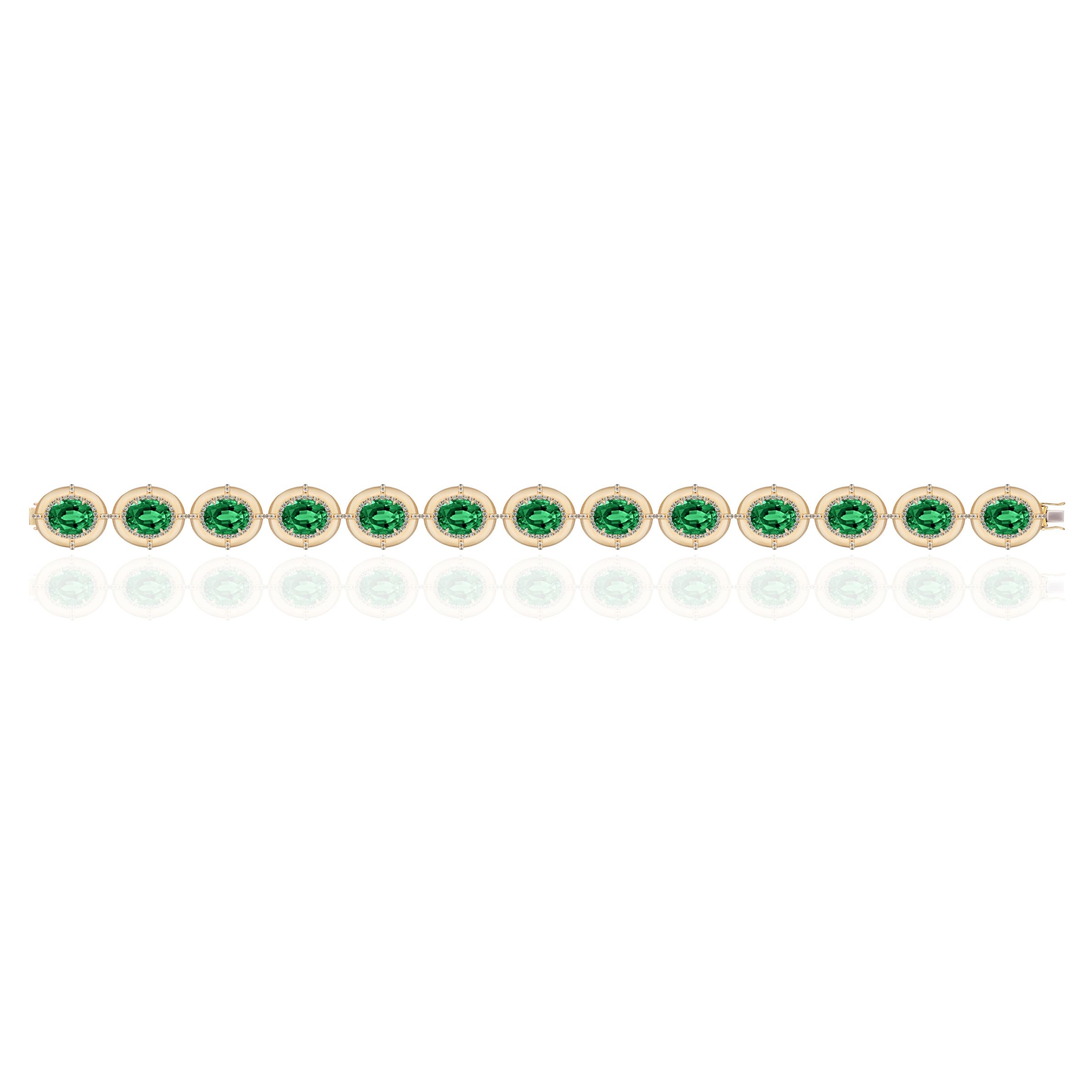 18k Yellow Gold Emerald Diamond Faceted Oval Medallion Bracelet