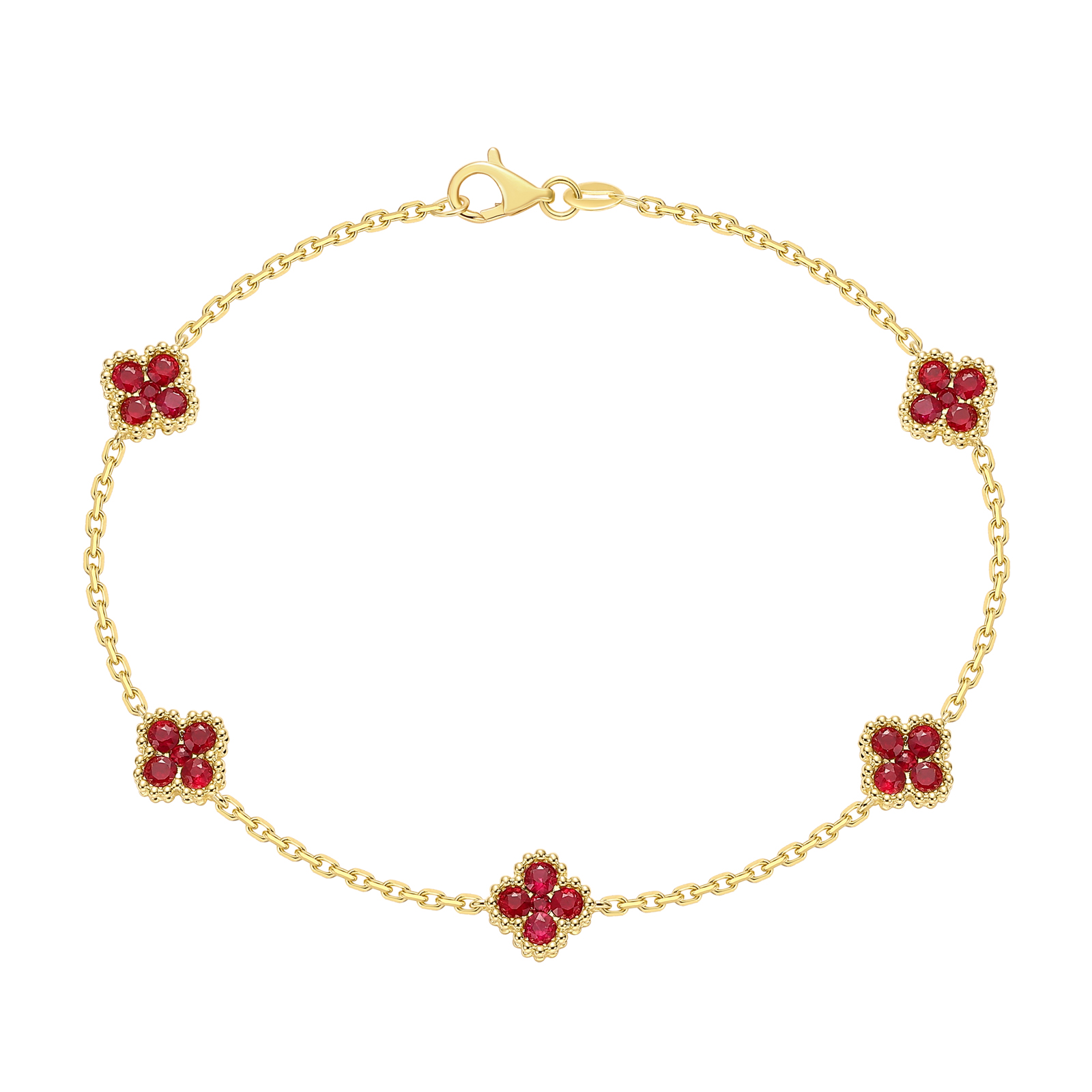 14k Yellow Gold Ruby Clover Station Bracelet