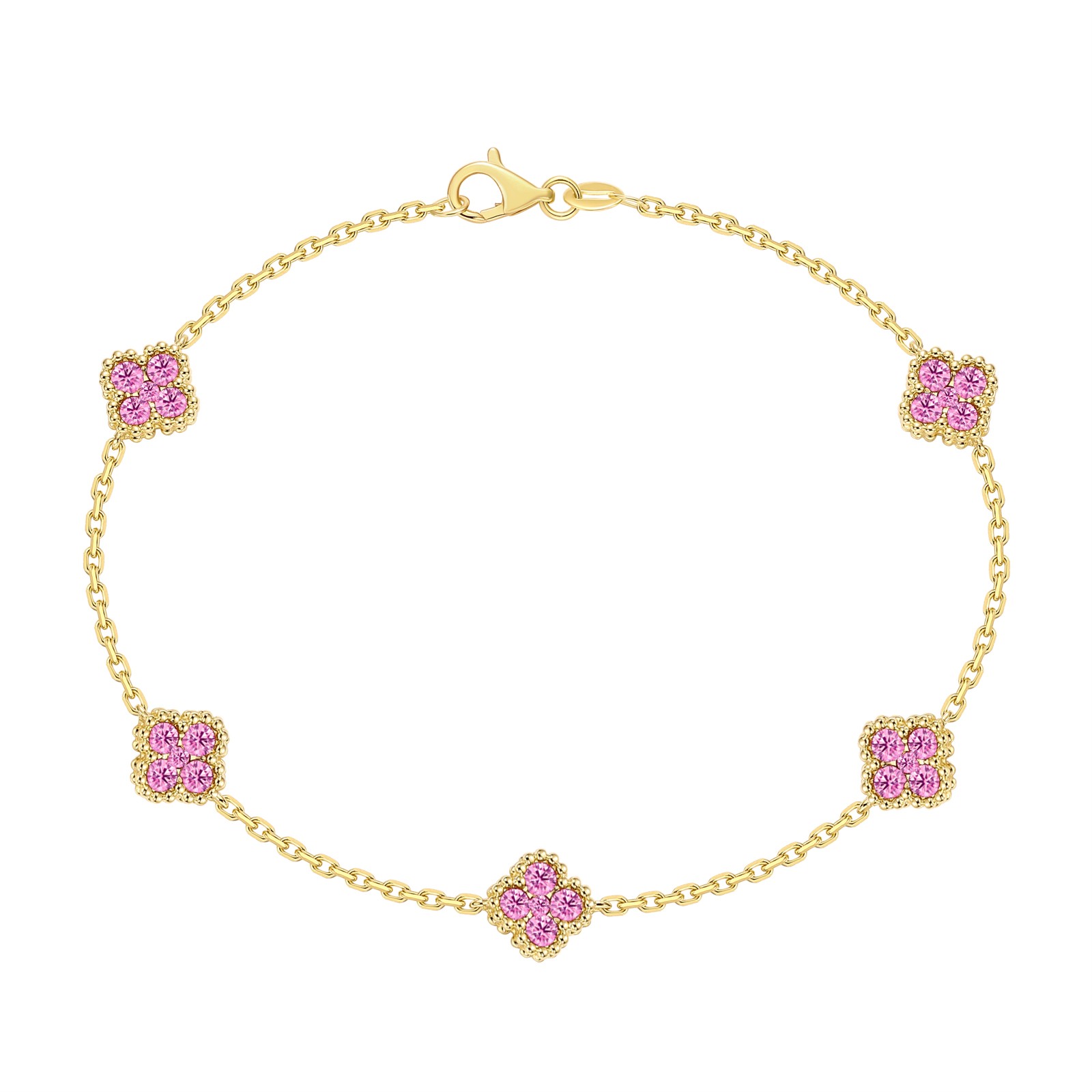 14k Yellow Gold Pink Sapphire Clover Motif Bracelet