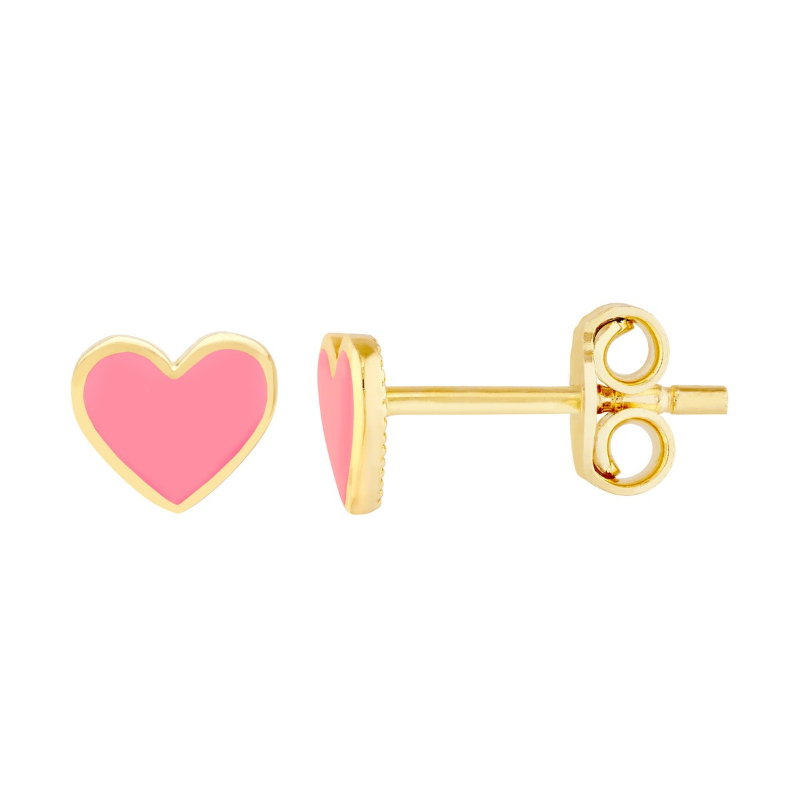 14k Yellow Gold Pink Enamel Heart Stud Earrings